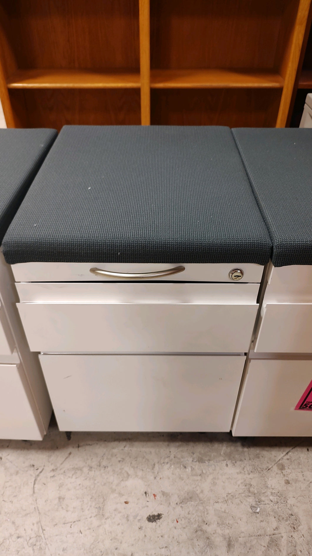 R5609 White 2 Drawer Rolling Used File w/Padded Blue Seat $59.98