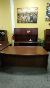 R9901 42"x 71" Mahogany Bow Front Used Desk w/Credenza/Hutch $549.98-1 Only!
