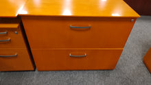 Load image into Gallery viewer, R9950 86&quot;x 88&quot; Pine L-shape Used Desk w/Lateral File $399.95 - 1 Only!