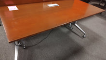 Load image into Gallery viewer, R205 30&quot;x 60&quot; Cherry Flip Up Used Table w/Casters $99.98