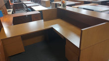 Load image into Gallery viewer, R610 36”x 72” Oak L-Shaped Reception Used Desk w/2 Files $399.98 - 1 Only!