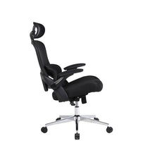 Load image into Gallery viewer, Side view of black mesh ergonomic chair reclining