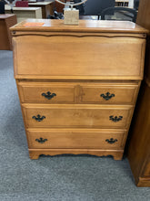 Load image into Gallery viewer, Used light oak secretary desk with drop-front lid and three drawers