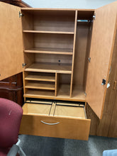 Load image into Gallery viewer, Used maple storage cabinet open showing interior shelves
