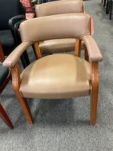 Load image into Gallery viewer, Used tan guest chair with wood frame and nailhead trim