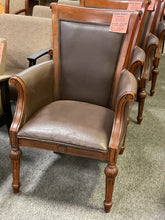 Load image into Gallery viewer, Used brown traditional high back guest chair with carved wood scroll arms