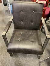 Load image into Gallery viewer, Used brown tufted faux leather guest chair with metal sled base.