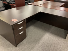 Load image into Gallery viewer, Used espresso L-shaped desk with locking box/box/file pedestal