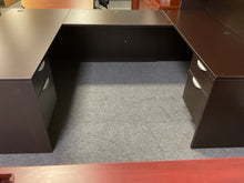 Load image into Gallery viewer, Inside view of espresso U-shaped desk with two box/file pedestals