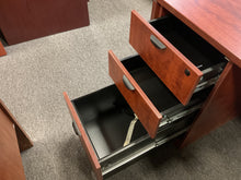 Load image into Gallery viewer, R452 42”x 71” Cherry Lam Bow Front Used Desk w2 Files $599.98 - 1 Only