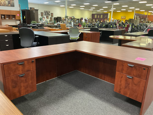 R991 36”x 71” Cherry L-Shaped Used Desk w/2 Files $649.98