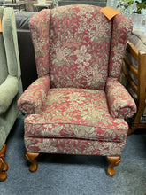 Load image into Gallery viewer, Used burgundy floral tapestry wingback chair with cabriole legs