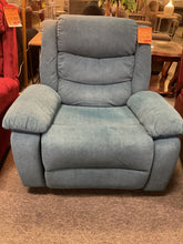 Load image into Gallery viewer, Used blue swivel rocker recliner with pillow-top back and arms