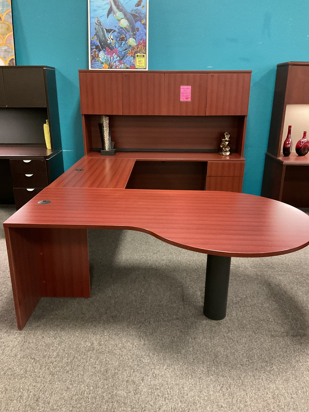 R1205 41”x 71” Cherry U-Shape Used Desk w/Bullet Table/Hutch/1 File $449.98