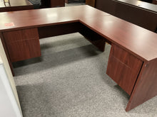 Load image into Gallery viewer, R1749 30”x 66” Mahogany Lam L-Shaped Used Desk w/2 Files $225.00 - 1 Only