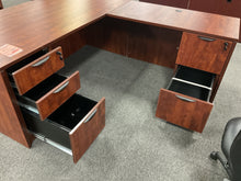Load image into Gallery viewer, R9903 36”x 71” Cherry Lam L-Shaped Used Desk w/2 Files $699.98 - 1 Only