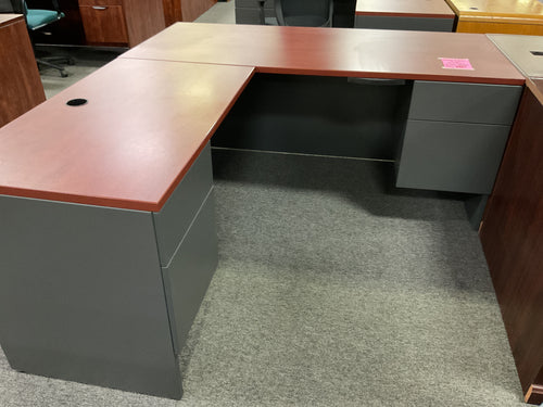 R991 30”x 66” Cherry/Gray Lam L-Shaped Used Desk w/2 Files $449.98 - 1 Only