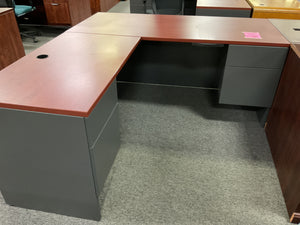 R991 30”x 66” Cherry/Gray Lam L-Shaped Used Desk w/2 Files $449.98 - 1 Only