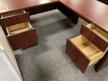 Load image into Gallery viewer, R1749 30”x 66” Mahogany Lam L-Shaped Used Desk w/2 Files $225.00 - 1 Only