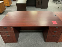 Load image into Gallery viewer, R905 41”x 71” Mahogany Lam Bow Front Used Desk w/2 Files $399.98
