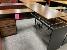 Load image into Gallery viewer, R72 20”x 56” Pecan L-shaped Lift Top Used Desk $125.00 - 1 Only!