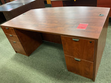 Load image into Gallery viewer, R452 42”x 71” Cherry Lam Bow Front Used Desk w2 Files $599.98 - 1 Only