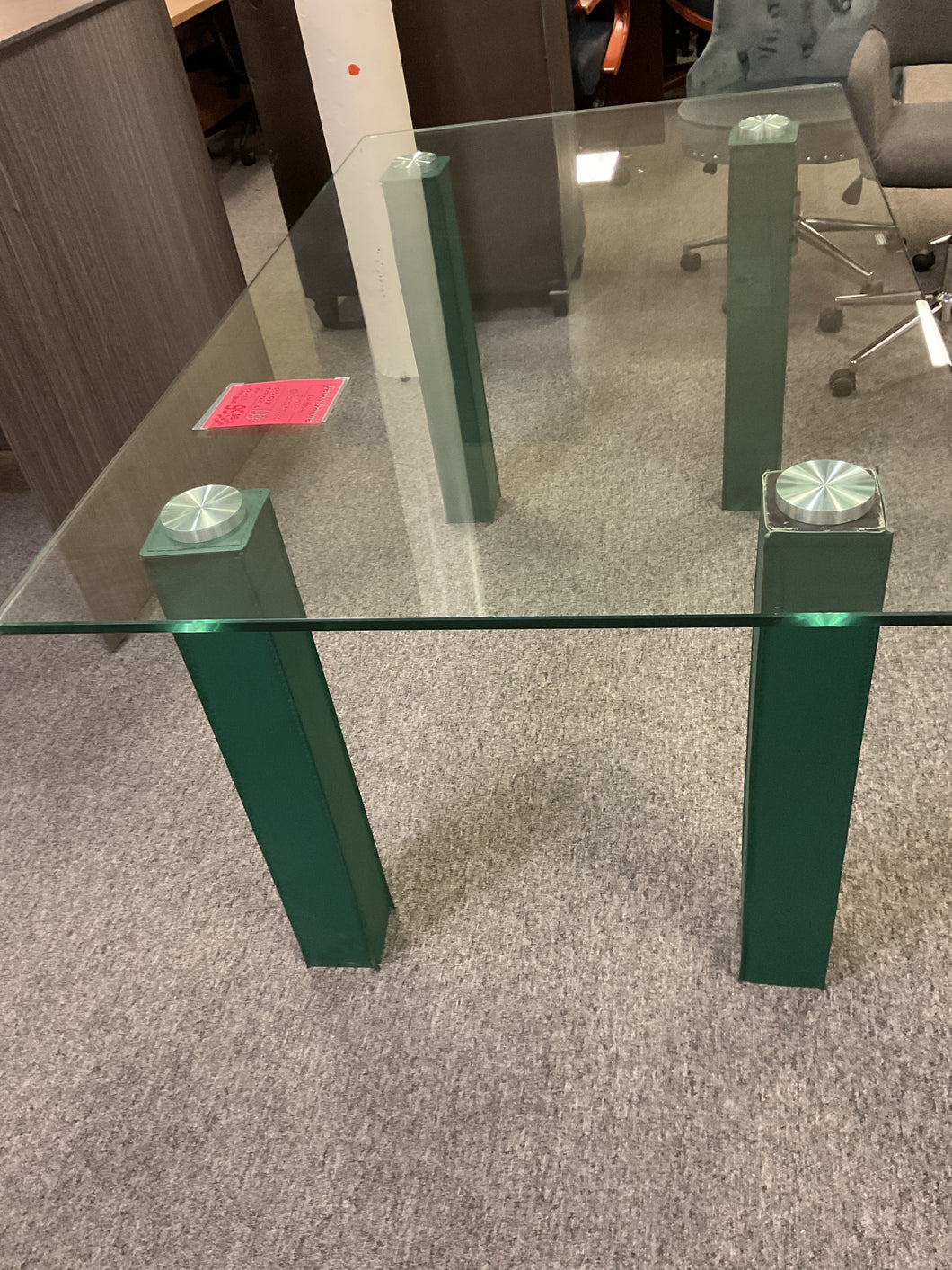 R305 36”x 60” Green Leg/Glass Top Used Table $99.98 - 1 Only