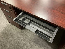 Load image into Gallery viewer, R606 41”x 71” Mahogany Lam Bowfront Used Desk w2 Files $499.98 - 1 Only
