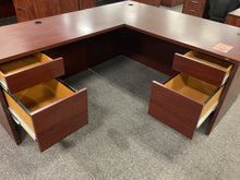 Load image into Gallery viewer, R1750 30”x 66” HON Mahogany Lam L-Shaped Used Desk w/2 Files $299.98 - 1 Only