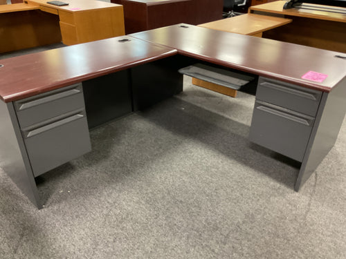 R909 30”x 66” Mahogany/Gray L-Shaped Used Desk w/2 Files $198.00 - 1 Only