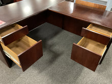 Load image into Gallery viewer, R1601 30”x 66” HON Mahogany L-Shaped Used Desk w/2 Files $199.98 - 1 Only