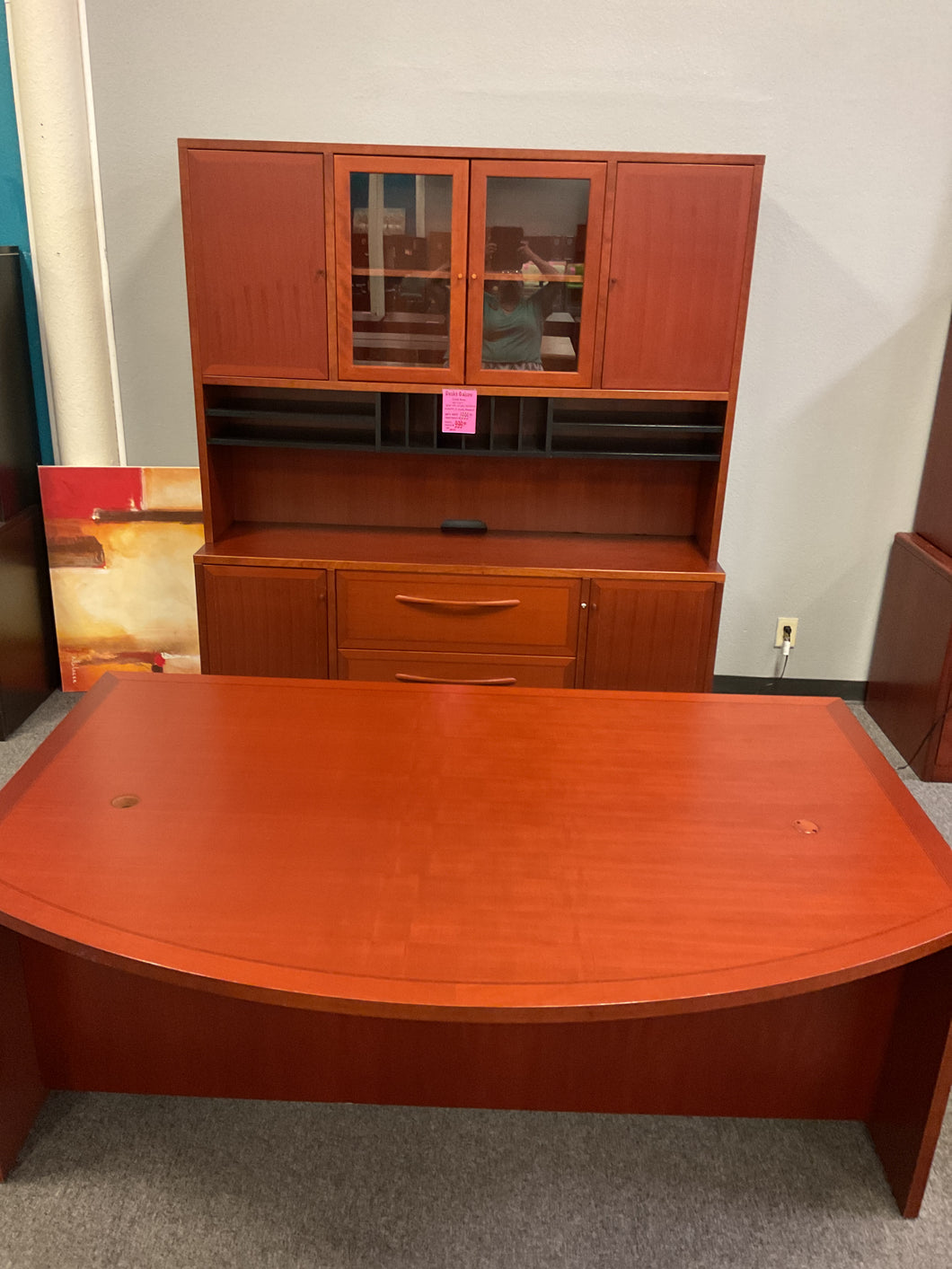 R2010 45”x 71” Cherry Bow Front Used Desk w/2 Files/Credenza/Hutch $999.98 - 1 Only