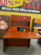Load image into Gallery viewer, R6333 36”x 72” Cherry Bullet U-Shaped Used Desk w/1 File/Hutch $249.98 - 1 Only