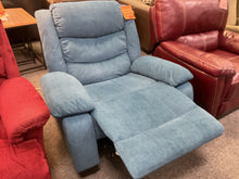Load image into Gallery viewer, Close-up of blue fabric on swivel rocker recliner