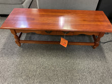 Load image into Gallery viewer, Used cherry coffee table with drawer, turned legs and stretcher base