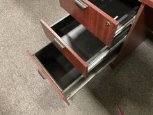 Load image into Gallery viewer, R905 41”x 71” Mahogany Lam Bow Front Used Desk w/2 Files $399.98